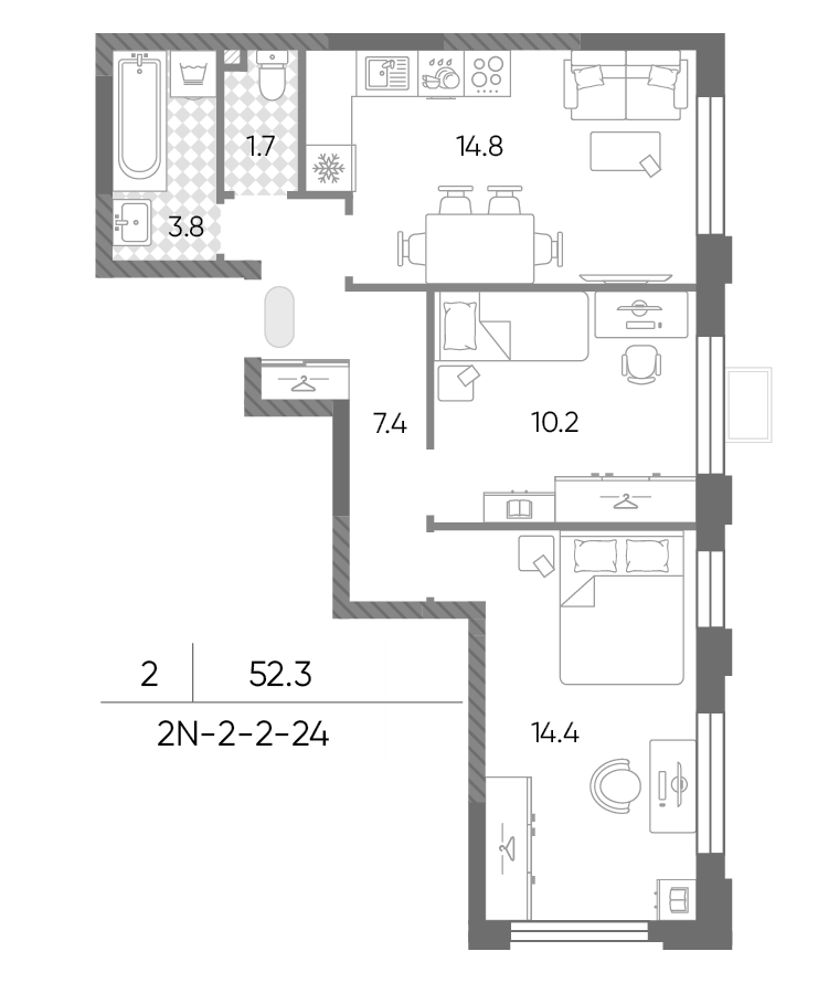 Планировка двухкомнатная 52.3 м² в ЖК «Лучи», корпус 7