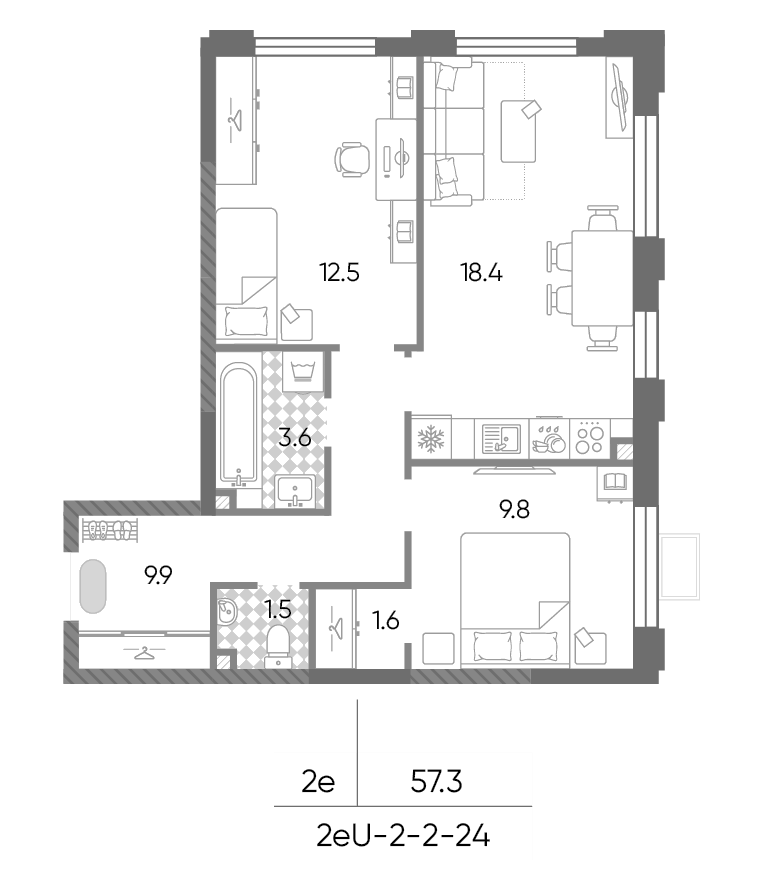 Планировка евротрёшка (3Е) 57.3 м² в ЖК «Лучи», корпус 7