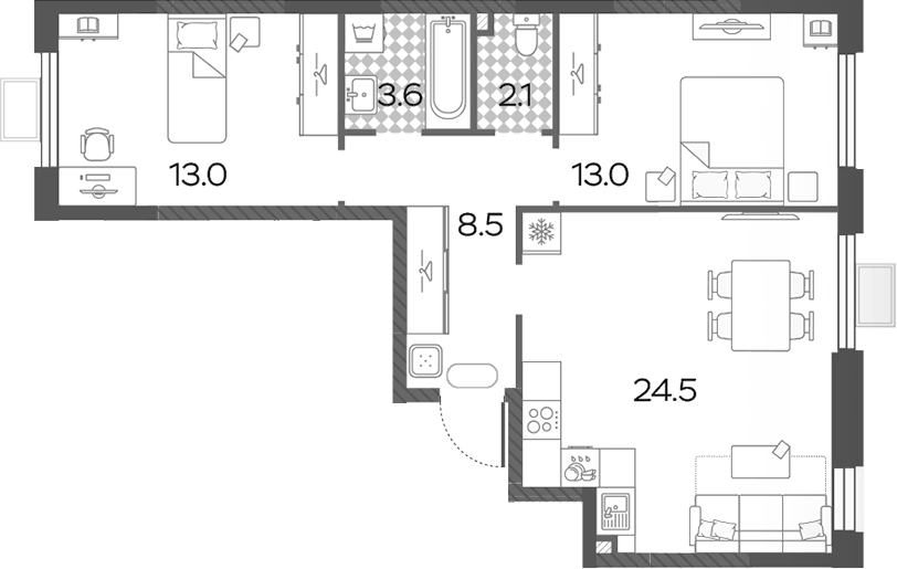 Планировка евротрёшка (3Е) 64.7 м² в ЖК «Лучи», корпус 8