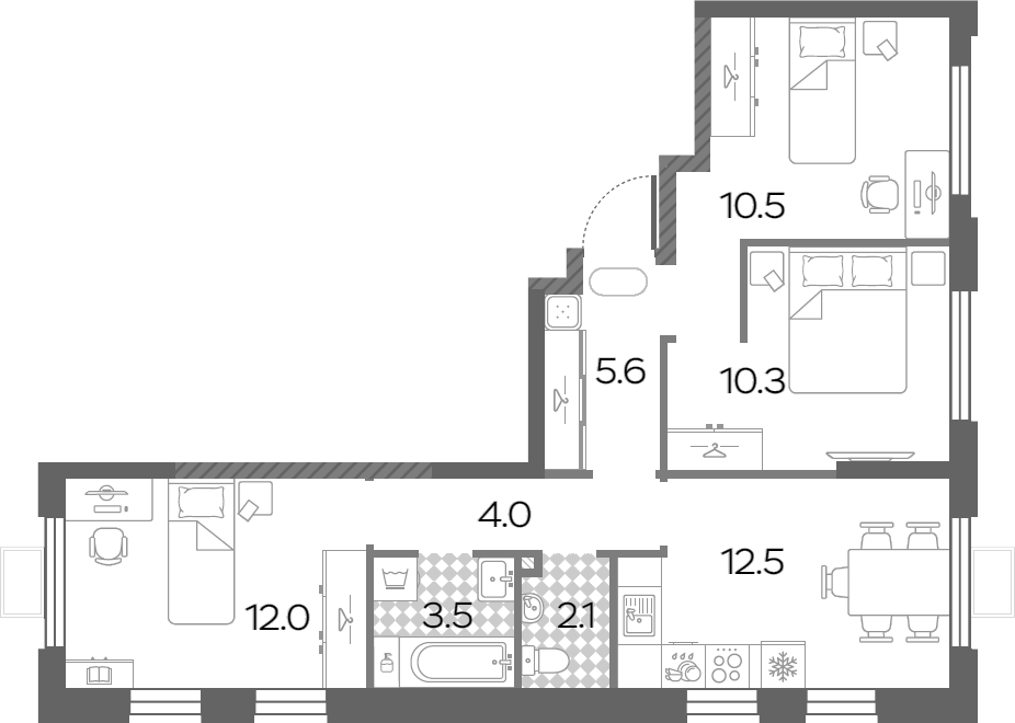 Планировка трёхкомнатная 60.5 м² в ЖК «Лучи», корпус 3-4