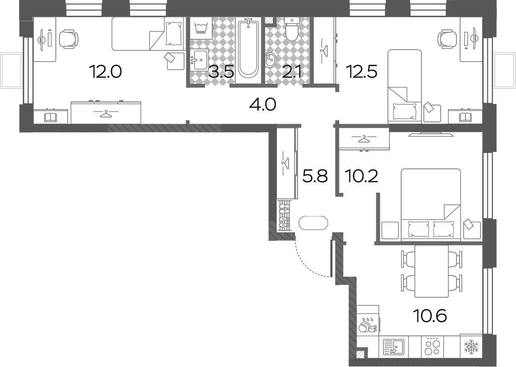 Планировка трёхкомнатная 60.7 м² в ЖК «Лучи», корпус 8