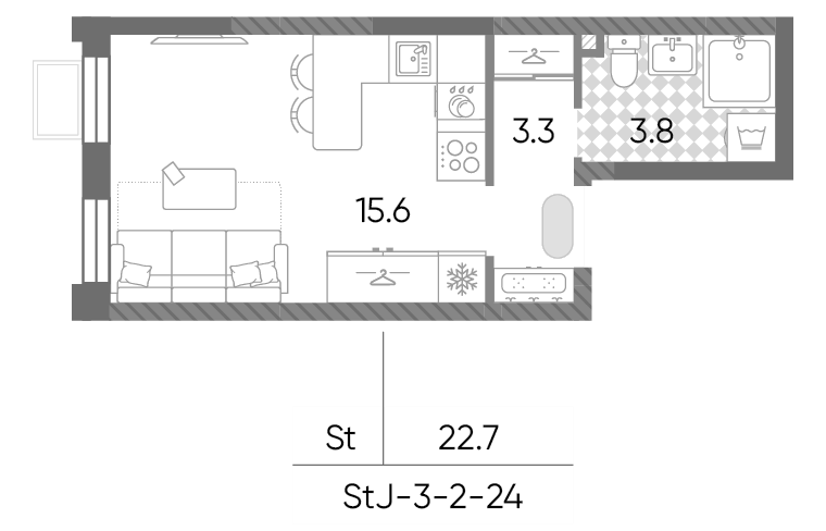 Планировка Студии 22.7 м² в ЖК «Лучи», корпус 7