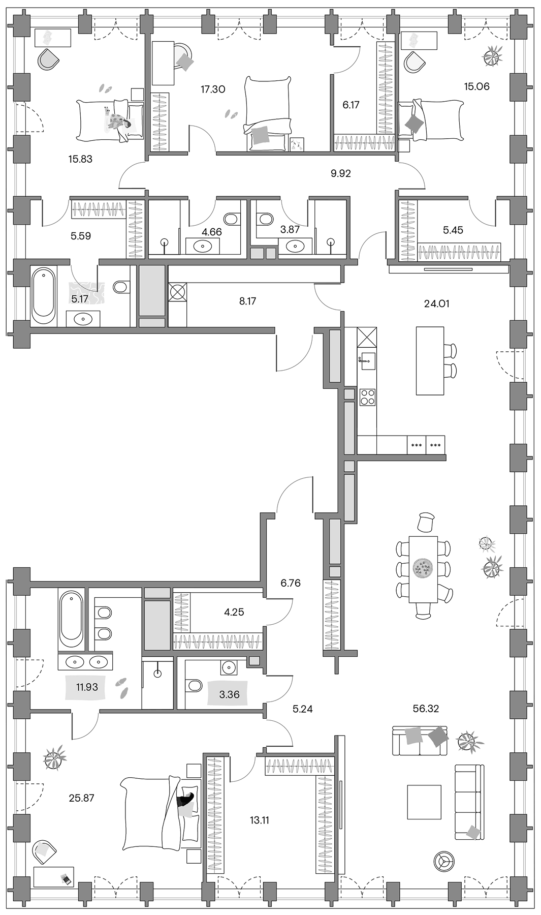 Планировка 5Е-к.кв 248 м² в ЖК «Lucky», корпус 7