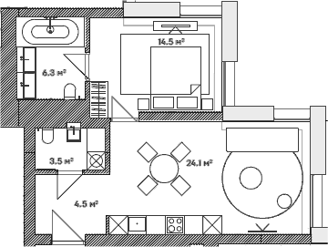 Планировка евродвушка (2Е) 53.4 м² в ЖК «Lumin», корпус 1