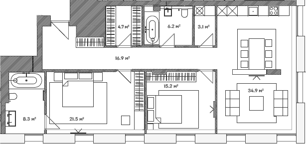 Планировка евротрёшка (3Е) 110.8 м² в ЖК «Lumin», корпус 1