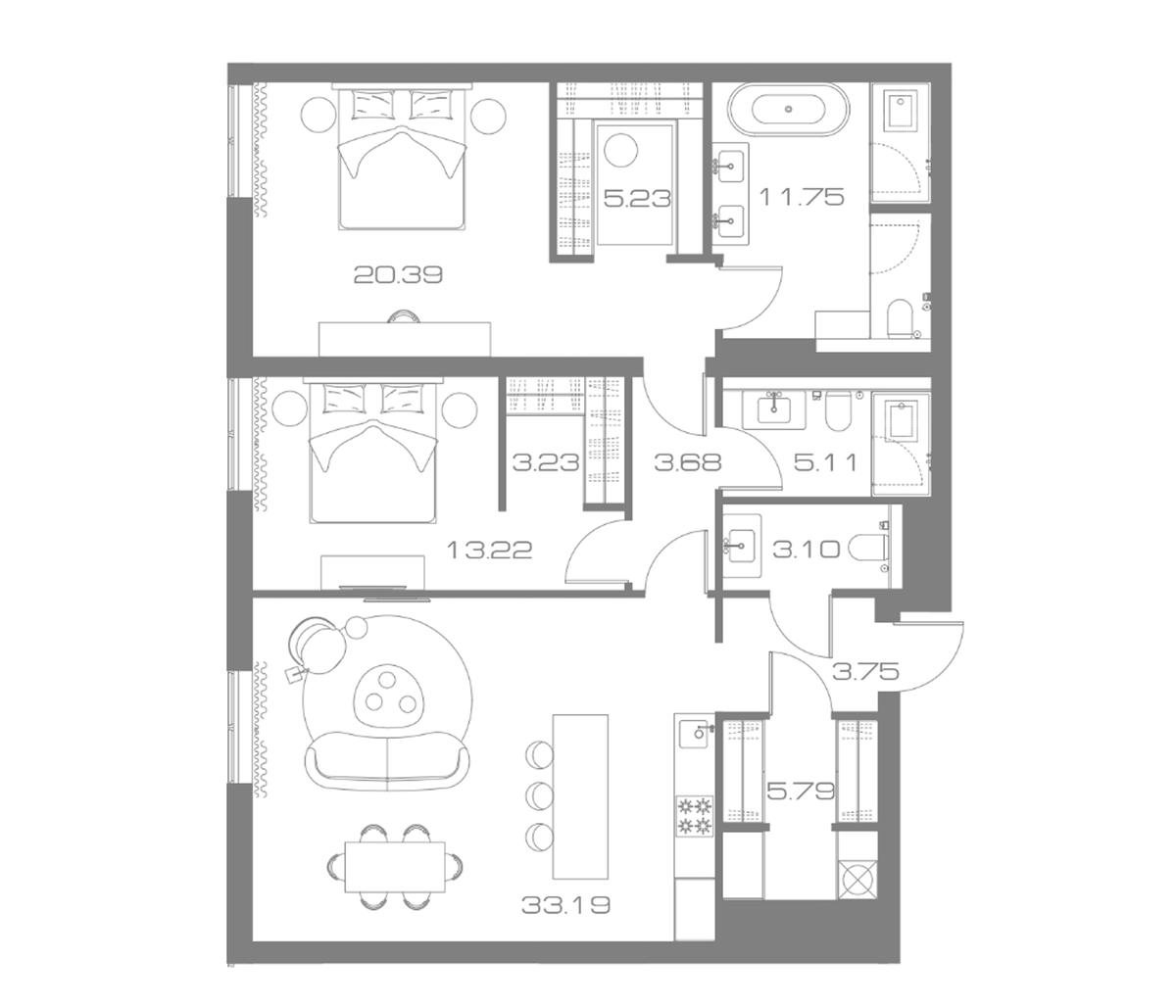 Планировка евротрёшка (3Е) 110.4 м² в ЖК «Lunar», корпус А