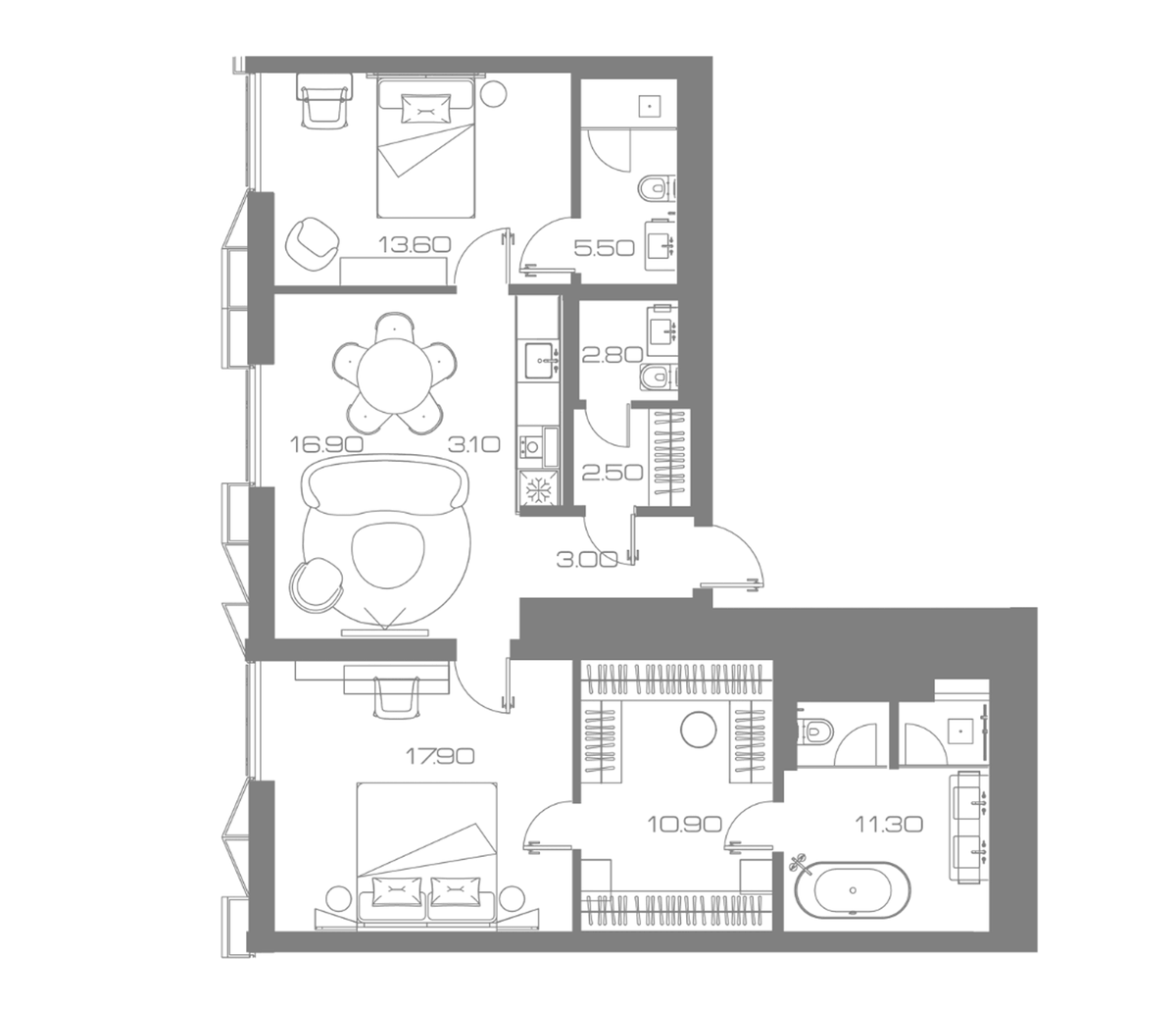 Планировка евротрёшка (3Е) 82.7 м² в ЖК «Lunar», корпус А