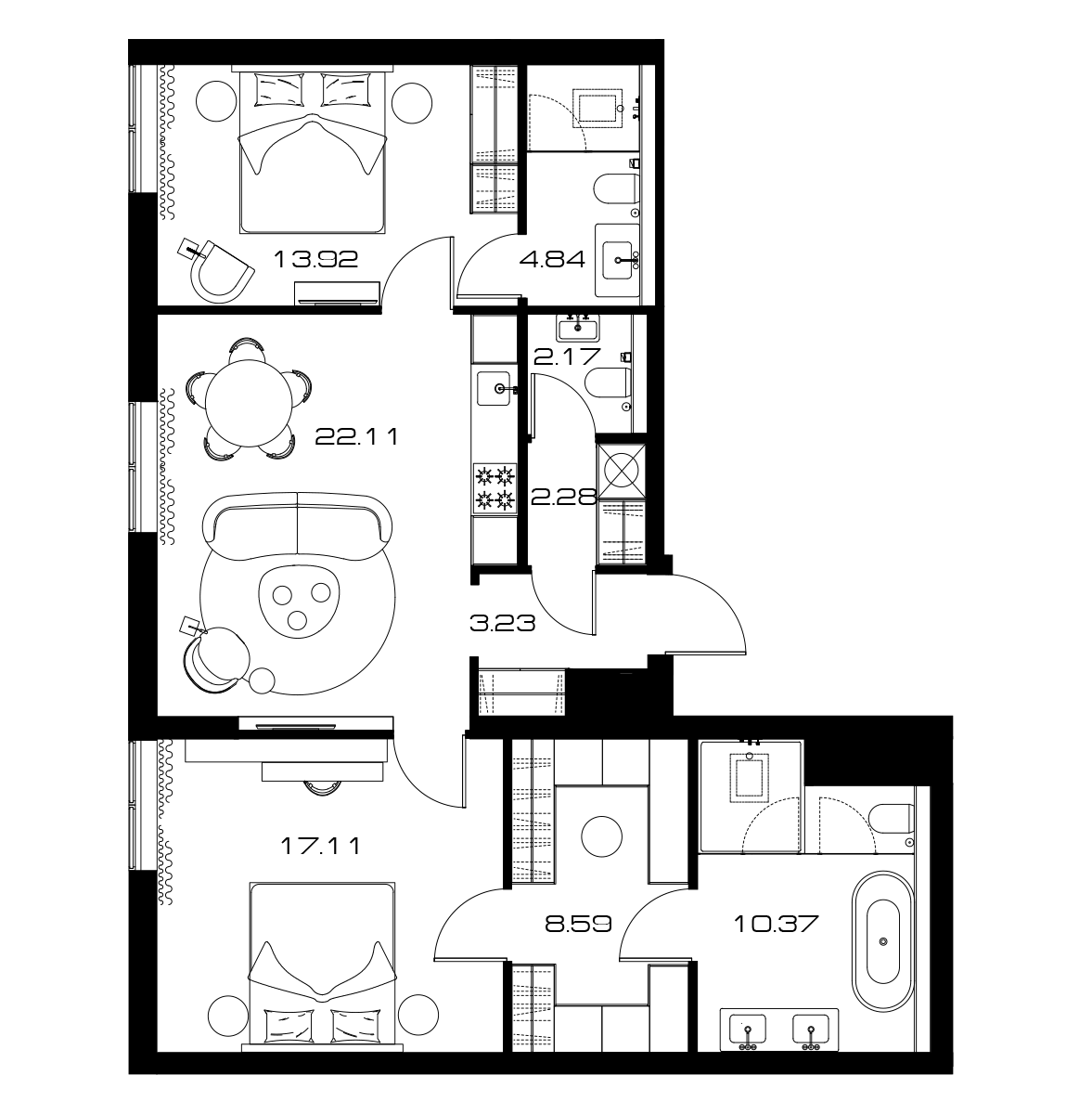Планировка евротрёшка (3Е) 84.62 м² в ЖК «Lunar», корпус А