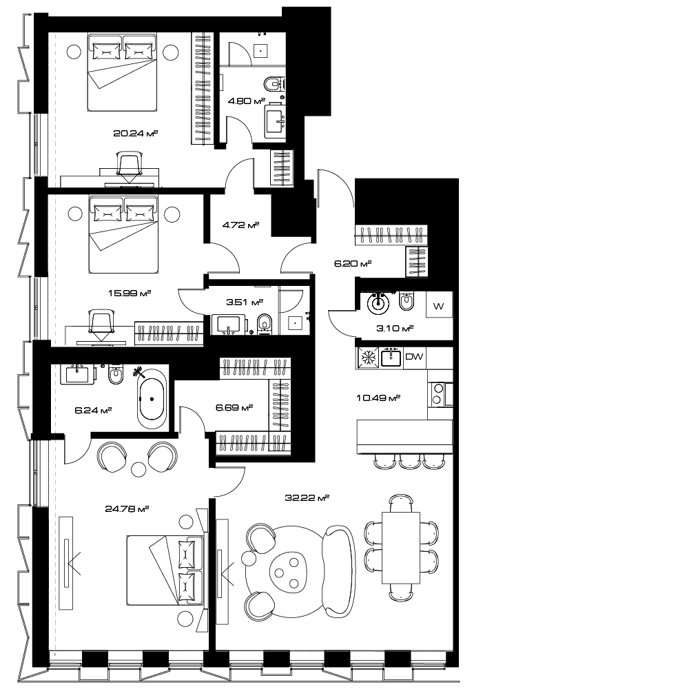 Планировка евро-4 (4Е) 142.2 м² в ЖК «Lunar», корпус А