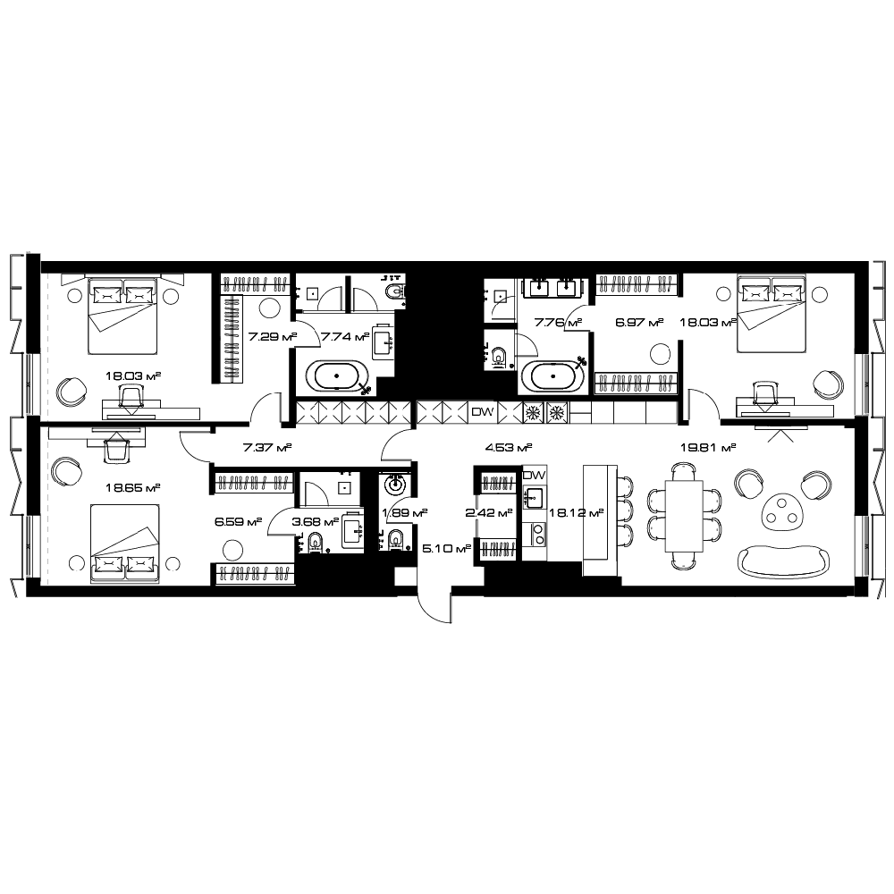 Планировка евро-4 (4Е) 158 м² в ЖК «Lunar», корпус А