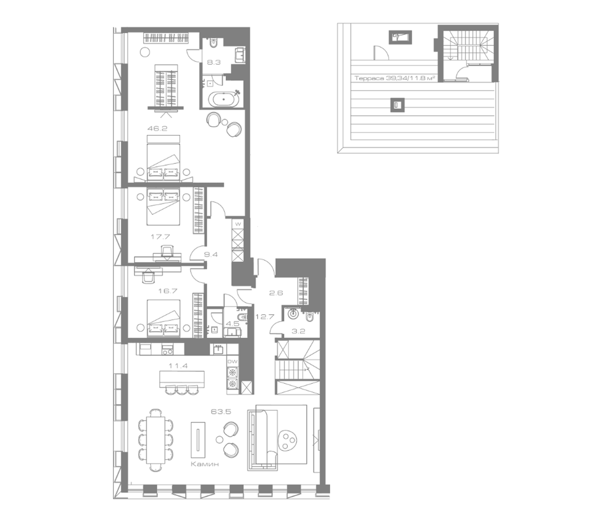 Планировка евро-4 (4Е) 215.1 м² в ЖК «Lunar», корпус А