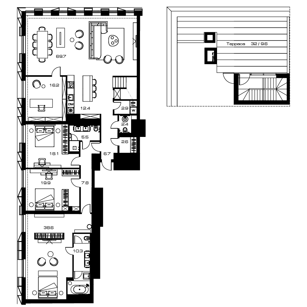 Планировка 5Е-к.кв 231.4 м² в ЖК «Lunar», корпус А