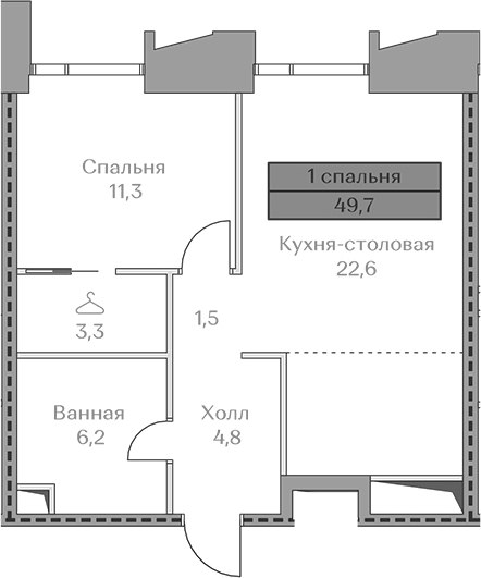 Планировка однокомнатная 49.7 м² в ЖК «Коллекция Лужники», корпус Highline 3