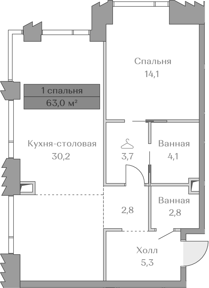 Планировка евродвушка (2Е) 63 м² в ЖК «Коллекция Лужники», корпус Mountain Line