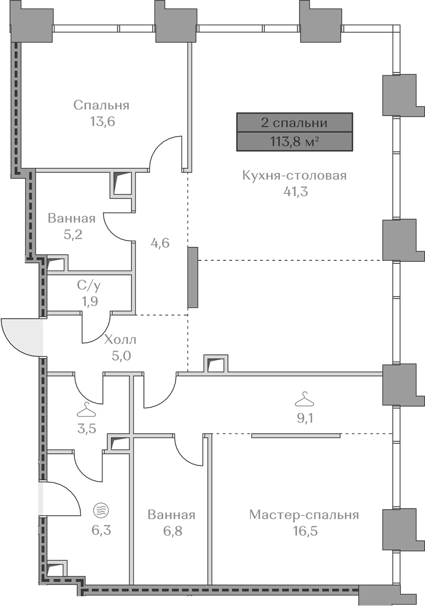 Планировка евротрёшка (3Е) 113.8 м² в ЖК «Коллекция Лужники», корпус Waterfront 2