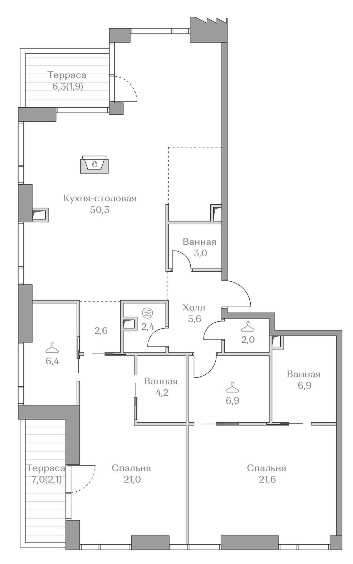 Планировка евротрёшка (3Е) 136.2 м² в ЖК «Коллекция Лужники», корпус Mountain Line