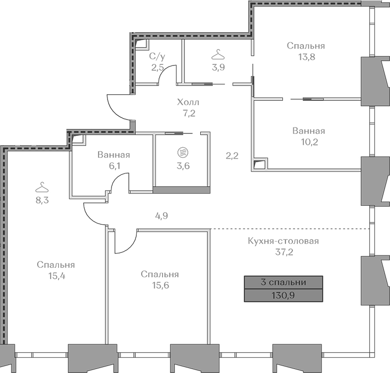 Планировка трёхкомнатная 130.9 м² в ЖК «Коллекция Лужники», корпус Highline 3