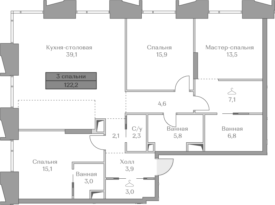 Планировка евро-4 (4Е) 122.2 м² в ЖК «Коллекция Лужники», корпус Highline 2