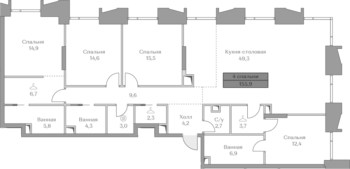 Планировка 5Е-к.кв 155.9 м² в ЖК «Коллекция Лужники», корпус Highline 2