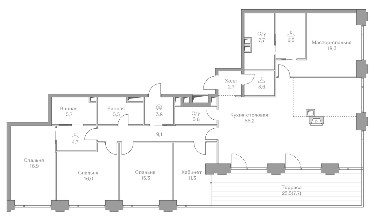 Планировка пятикомнатная 193.6 м² в ЖК «Коллекция Лужники», корпус Highline 2