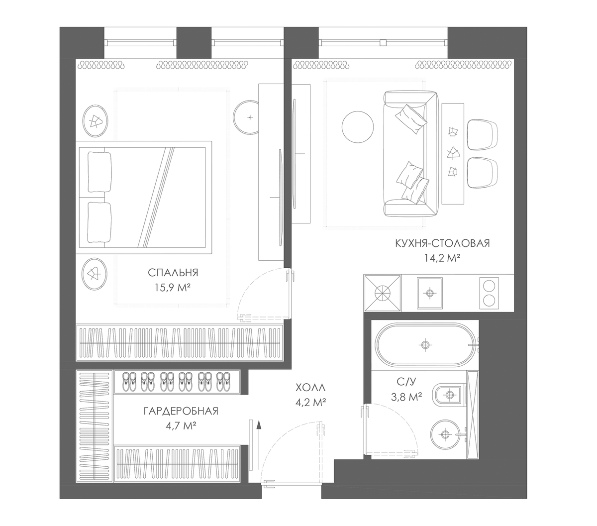Планировка однокомнатная 42.8 м² в ЖК «Магнум СОЛО», корпус 1