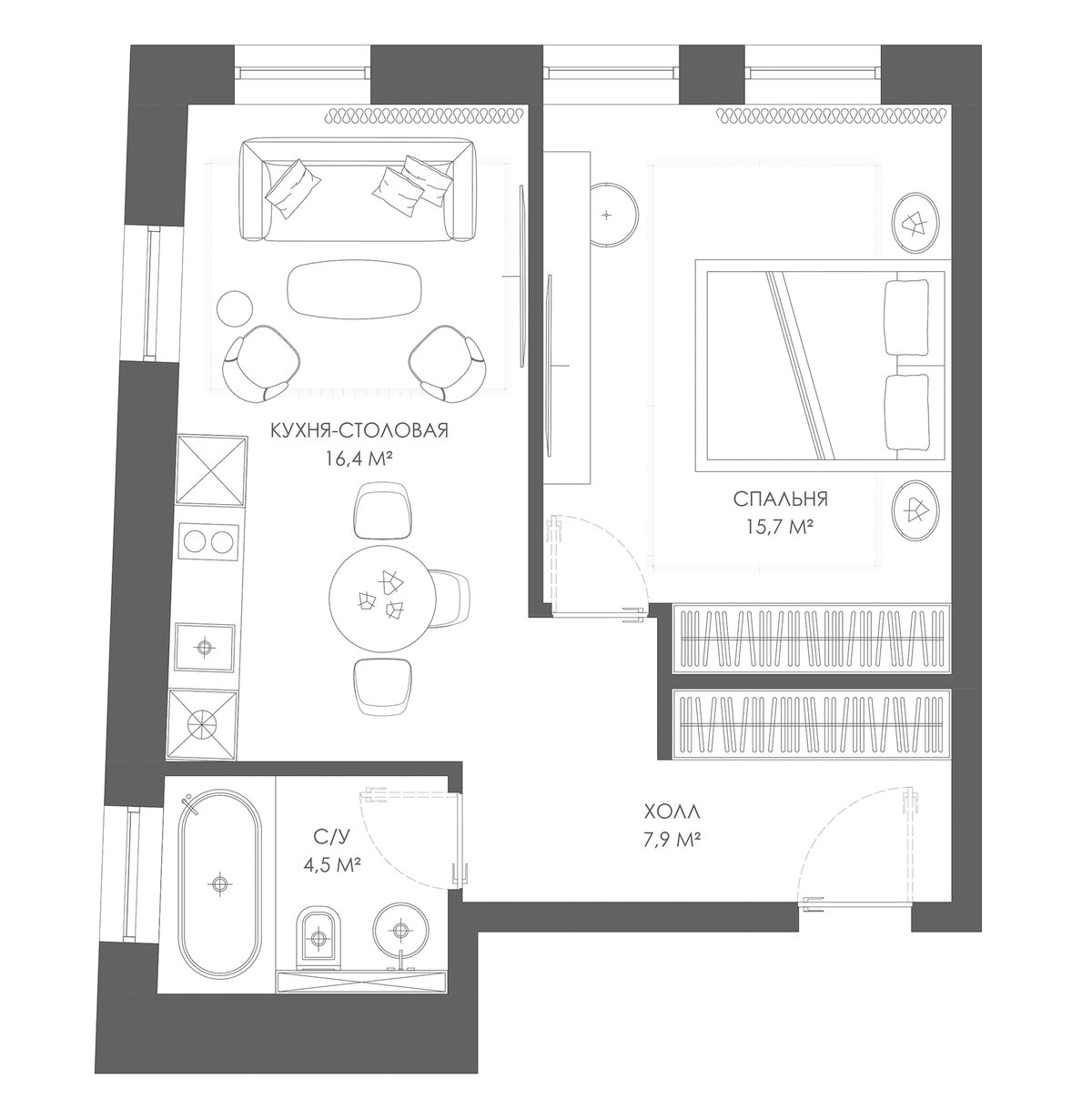 Планировка однокомнатная 44.5 м² в ЖК «Магнум СОЛО», корпус 1