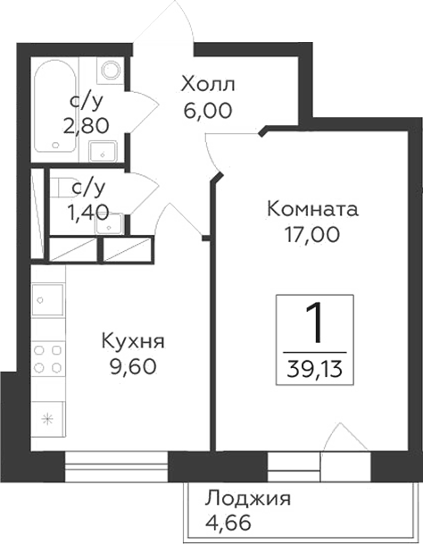 Планировка однокомнатная 39.13 м² в ЖК «Малаховский», корпус 202