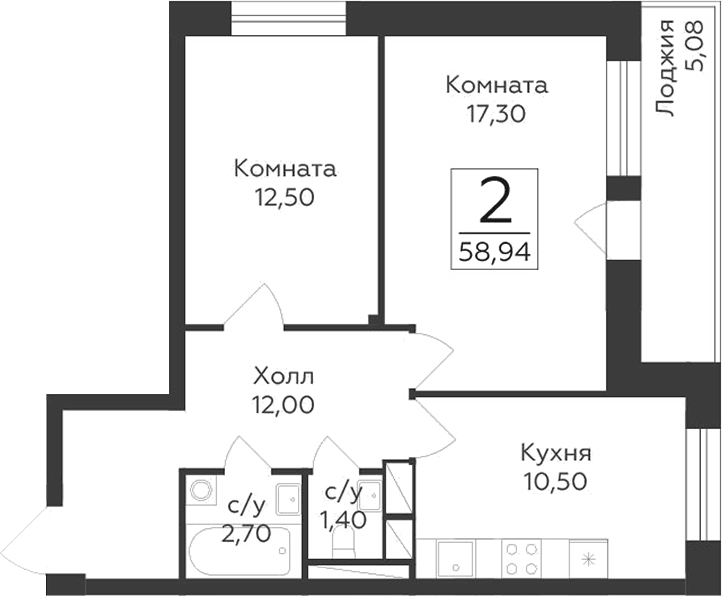 Планировка двухкомнатная 58.94 м² в ЖК «Малаховский», корпус 202
