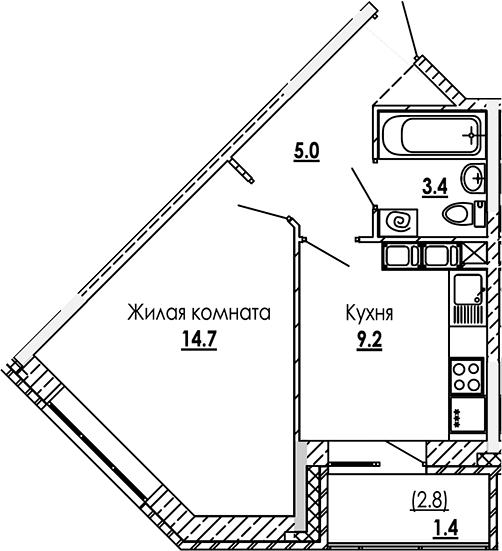Планировка однокомнатная 33.7 м² в ЖК «Малиново», корпус 1
