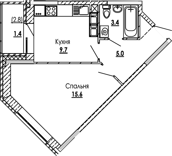 Планировка однокомнатная 35.1 м² в ЖК «Малиново», корпус 2