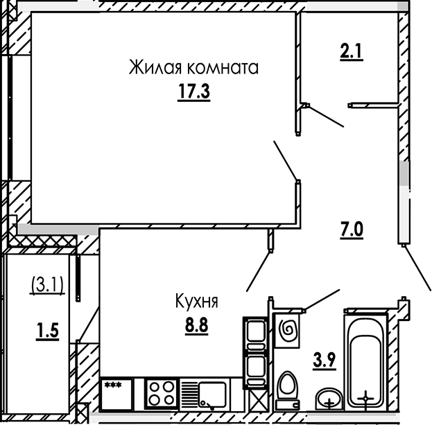 Планировка однокомнатная 40.6 м² в ЖК «Малиново», корпус 1