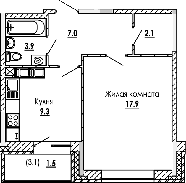 Планировка однокомнатная 41.7 м² в ЖК «Малиново», корпус 2