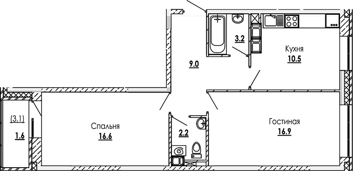 Планировка двухкомнатная 60 м² в ЖК «Малиново», корпус 1