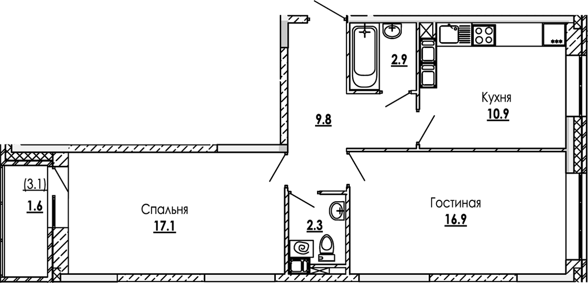Планировка двухкомнатная 61.5 м² в ЖК «Малиново», корпус 2