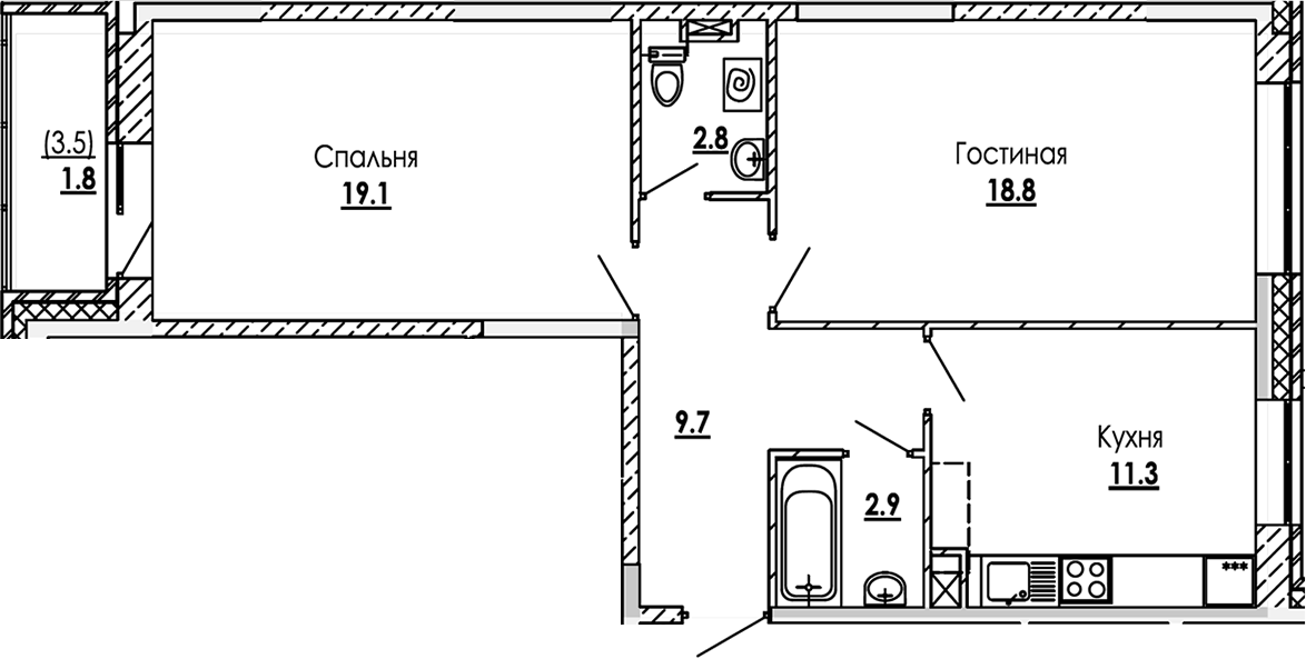 Планировка двухкомнатная 66.4 м² в ЖК «Малиново», корпус 2
