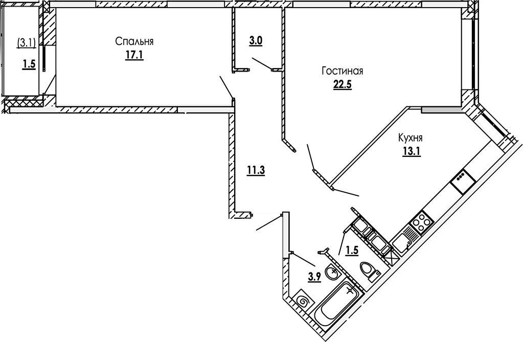 Планировка двухкомнатная 73.9 м² в ЖК «Малиново», корпус 2