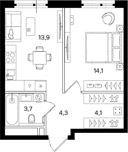 Планировка однокомнатная 40.1 м² в ЖК «Мангазея на Речном», корпус 8.1