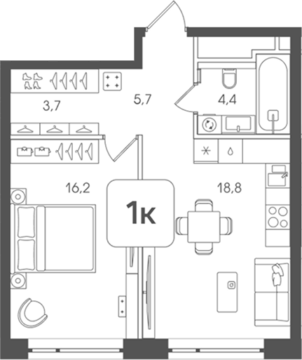 Планировка однокомнатная 48.8 м² в ЖК «Мангазея на Речном», корпус 8.2