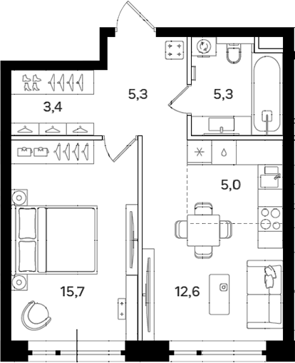 Планировка евродвушка (2Е) 47.3 м² в ЖК «Мангазея на Речном», корпус 8.2
