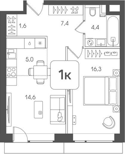 Планировка евродвушка (2Е) 49.3 м² в ЖК «Мангазея на Речном», корпус 8.2