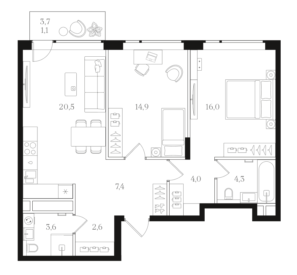 Планировка двухкомнатная 74.4 м² в ЖК «Мангазея на Речном», корпус 8.1