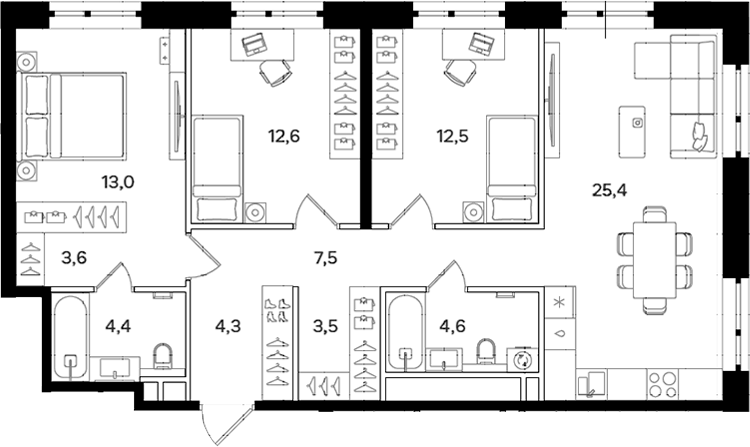 Планировка трёхкомнатная 91.4 м² в ЖК «Мангазея на Речном», корпус 8.2