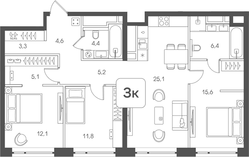 Планировка евро-4 (4Е) 93.6 м² в ЖК «Мангазея на Речном», корпус 8.2