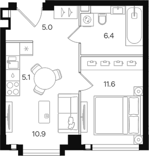 Планировка евродвушка (2Е) 39 м² в ЖК «АУРА», корпус А