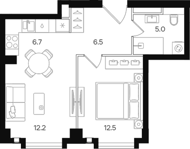 Планировка евродвушка (2Е) 42.9 м² в ЖК «АУРА», корпус А