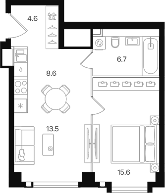 Планировка евродвушка (2Е) 49 м² в ЖК «АУРА», корпус А