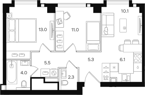 Планировка евротрёшка (3Е) 57.3 м² в ЖК «АУРА», корпус А