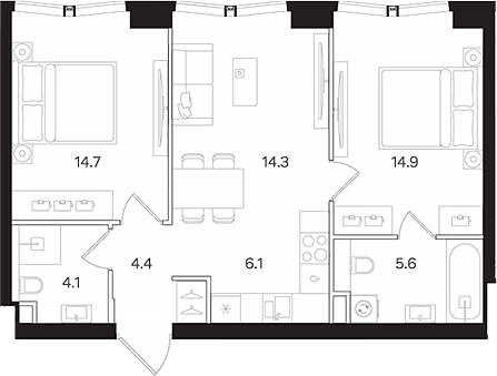 Планировка евротрёшка (3Е) 64.1 м² в ЖК «АУРА», корпус Б