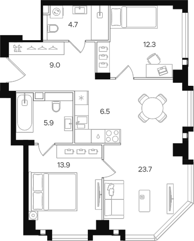Планировка евротрёшка (3Е) 76 м² в ЖК «АУРА», корпус А