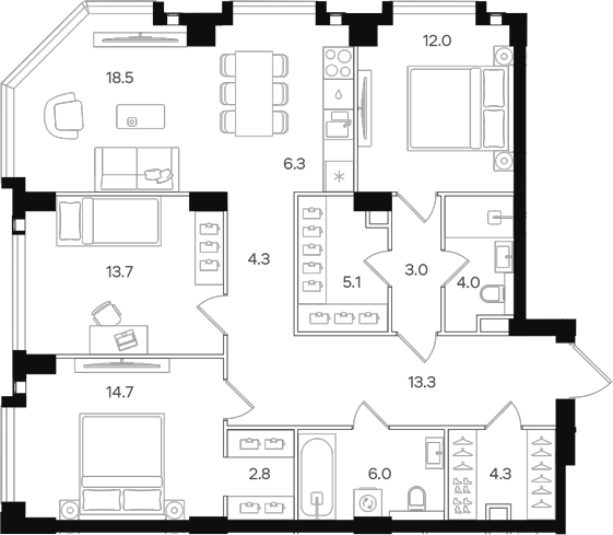 Планировка евро-4 (4Е) 108 м² в ЖК «АУРА», корпус А